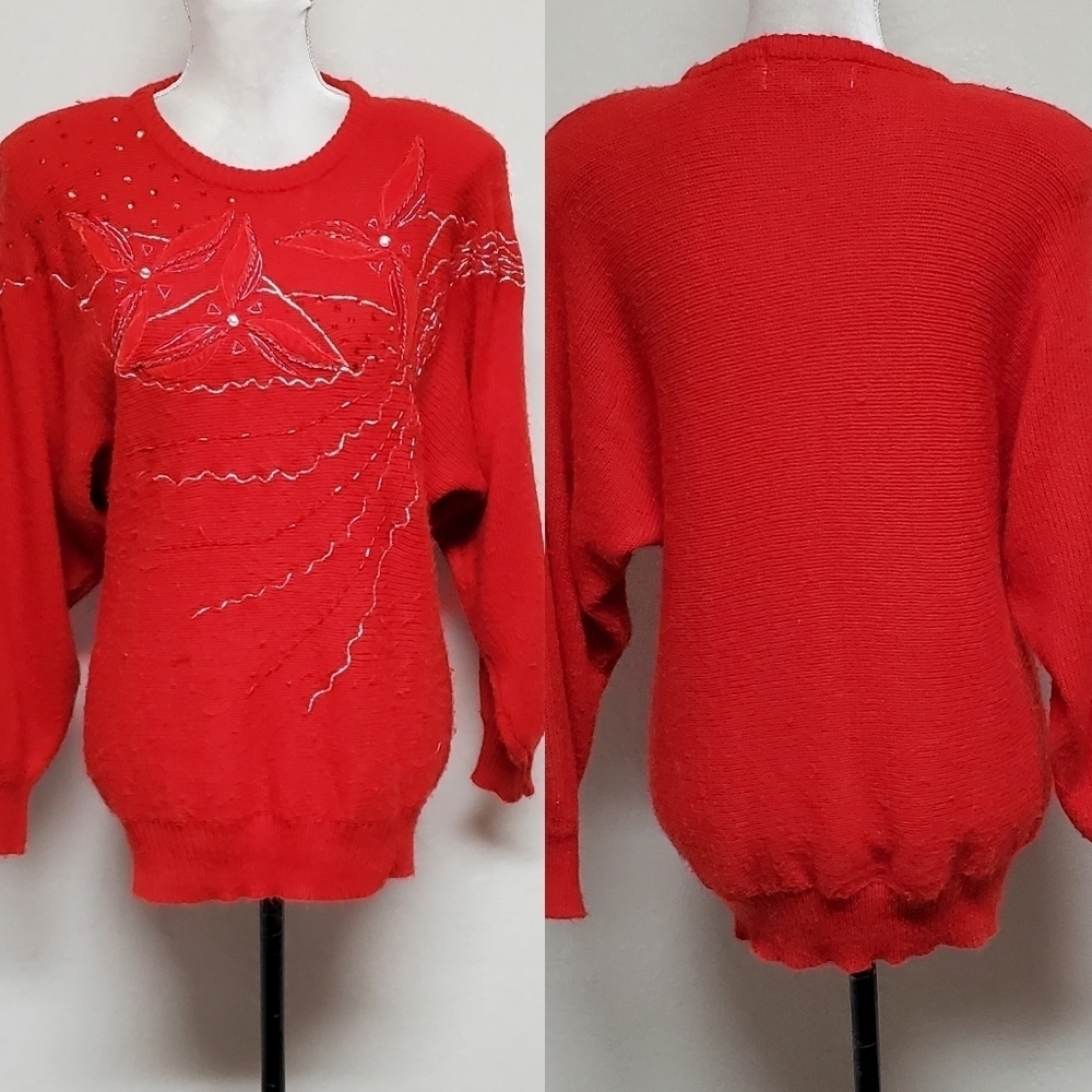 80s Vintage Western Connection Red Velvet Floral Beaded Tacky Christmas Sweater